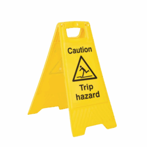 Caution Trip Hazard Floor Stand-Bright yellow folding floor sign with “Caution Trip Hazard” text and universal trip hazard symbol. Ideal for indoor or partially outdoor use in UK workplaces and public spaces.