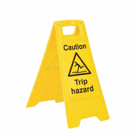 Caution Trip Hazard Floor Stand-Bright yellow folding floor sign with “Caution Trip Hazard” text and universal trip hazard symbol. Ideal for indoor or partially outdoor use in UK workplaces and public spaces.