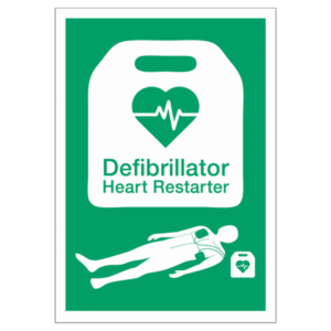 Defibrillator Heart Restarter Sign – Green AED location sign with icon
