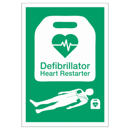 Defibrillator Heart Restarter Sign – Green AED location sign with icon