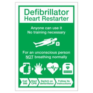Defibrillator Heart Restarter User Guide Sign – AED instruction sign for UK safety