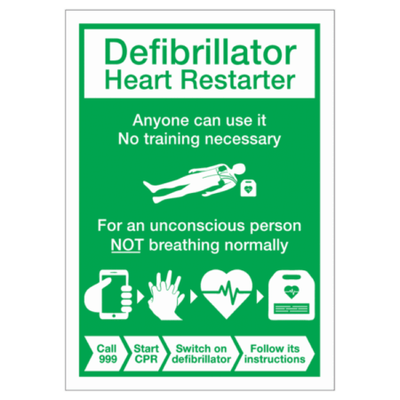 Defibrillator Heart Restarter User Guide Sign – AED instruction sign for UK safety