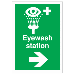 Eyewash Station Arrow Right Sign – UK safety sign with green background and arrow