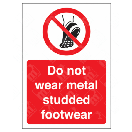 Do Not Wear Metal Studded Footwear Sign – UK red prohibition symbol over spiked shoe