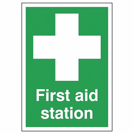 First Aid Station Sign – Green UK safety sign with white cross and text