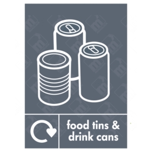 Food Tins and Drink Cans WRAP Recycling Sign – grey WRAP bin label for tins and cans