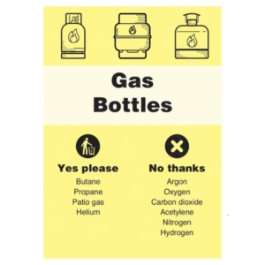 Gas Bottles Yes Please No Thanks WRAP Recycling Sign – WRAP-compliant safety sign for gas bottle collection zones