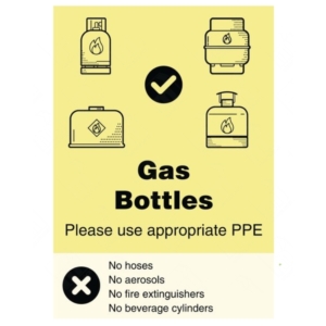 Gas Bottles Please Use Appropriate PPE WRAP Recycling Sign – WRAP-approved safety sign for gas bottle recycling and PPE use