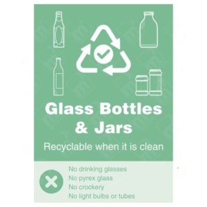 Glass Bottles and Jars Recyclable When It Is Clean with Yes No Symbol WRAP Recycling Sign– green clean-glass recycling label with tick/cross icons