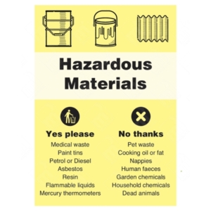 Hazardous Materials Yes Please No Thanks WRAP Recycling Sign – yellow WRAP sign showing what hazardous materials are accepted or rejected