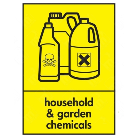 Household and Garden Chemicals WRAP Recycling Sign – yellow WRAP sign with hazard symbols for chemical waste disposal