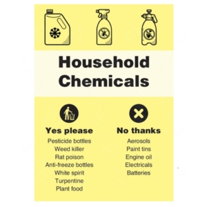 Household and Garden Chemicals Yes Please No Thanks WRAP Recycling Sign – WRAP-compliant sign for separating chemical waste