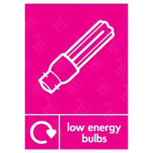 Low Energy Bulbs WRAP Electrical Recycling Sign – magenta WRAP icon for energy-saving bulb disposal in UK