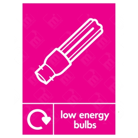 Low Energy Bulbs WRAP Electrical Recycling Sign – magenta WRAP icon for energy-saving bulb disposal in UK