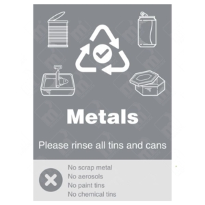 Metals Yes No Recycling Symbol WRAP Sign – grey WRAP visual with accepted and rejected metal items
