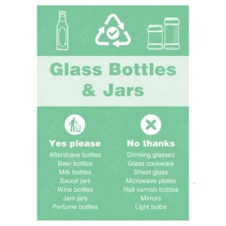 Glass Bottles and Jars Yes Please No Thanks WRAP Recycling Sign – green WRAP label with glass bottle icon and Yes/No sorting