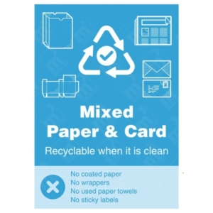 Mixed Paper and Card Recyclable When It Is Clean With Yes No Symbol WRAP Recycling Sign – blue WRAP label with accepted/rejected materials