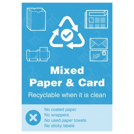 Mixed Paper and Card Recyclable When It Is Clean With Yes No Symbol WRAP Recycling Sign – blue WRAP label with accepted/rejected materials