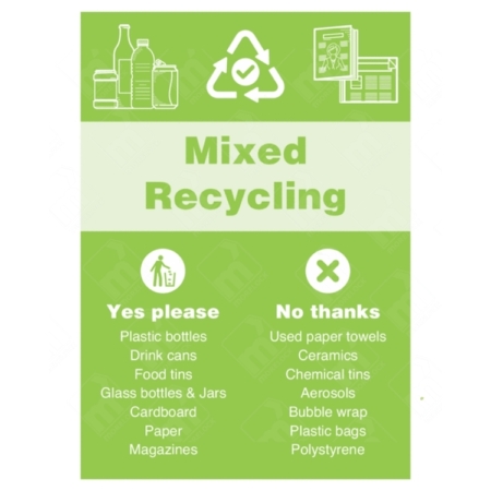 Mixed Recycling Yes Please No Thanks WRAP Sign – WRAP-approved UK sign for accepted and rejected recyclable items
