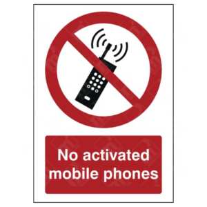 : No Activated Mobile Phones Sign – red prohibition symbol over a phone with signal waves