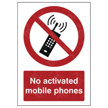 : No Activated Mobile Phones Sign – red prohibition symbol over a phone with signal waves