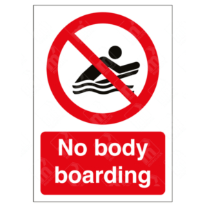 No Bodyboarding Sign – red prohibition symbol over swimmer with board