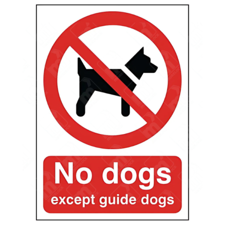 No Dogs Except Guide Dogs Sign – red prohibition symbol with a black dog icon and accessibility text