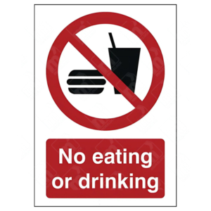 No Eating Or Drinking Sign – red prohibition symbol over food and drink icons