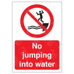 No Jumping Into Water Sign – red prohibition symbol with person diving into water