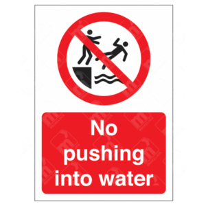No Pushing Into Water Sign – red prohibition symbol over graphic of person being pushed