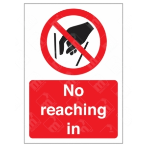 No Reaching In Sign – red prohibition sign showing hand and hazard symbol