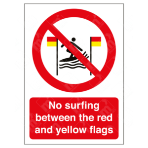 No Surfing Between the Red and Yellow Flags Sign – red prohibition beach sign