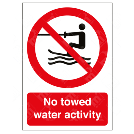 No Towed Water Activity Sign – UK water prohibition sign showing person being towed