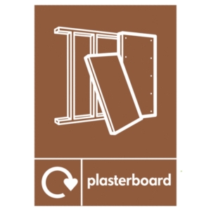 Plasterboard WRAP Recycling Sign – brown WRAP icon for drywall and gypsum waste disposal in the UK