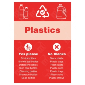 Plastics Yes No Symbol WRAP Recycling Sign – red sign with plastic item visuals for UK waste bins