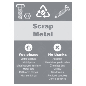 Scrap Metal Yes Please No Thanks WRAP Recycling Sign – grey WRAP sign for metal waste
