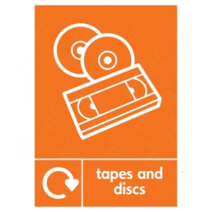 Tapes & Discs WRAP Recycling Sign – WRAP-compliant label for recycling old media including VHS, CDs, and DVDs