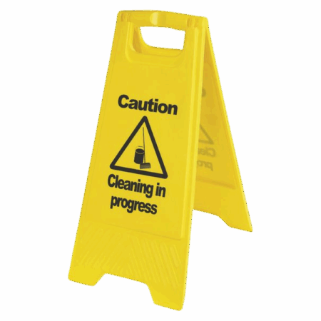 Caution Cleaning In Progress Floor Stand-Yellow A-frame cleaning warning sign with “Caution Cleaning In Progress” text and mop & bucket symbol. Durable and foldable. Used in UK cleaning and janitorial environments.