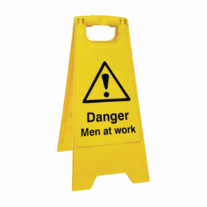 Danger Men At Work Floor Stand-Yellow plastic folding floor sign with black “Danger Men at Work” text and warning symbol. Foldable A-board with carry handle. Suitable for use in UK construction or maintenance zones.