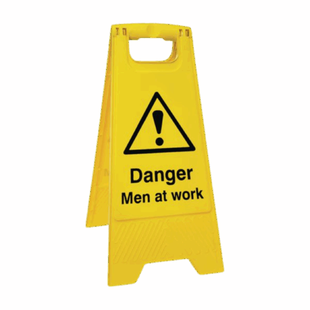 Danger Men At Work Floor Stand-Yellow plastic folding floor sign with black “Danger Men at Work” text and warning symbol. Foldable A-board with carry handle. Suitable for use in UK construction or maintenance zones.