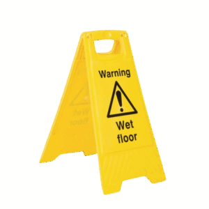 Warning Wet Floor Floor Stand-Yellow folding safety sign with “Warning Wet Floor” text and exclamation hazard symbol. Lightweight plastic floor stand ideal for cleaning zones and public safety compliance in UK.