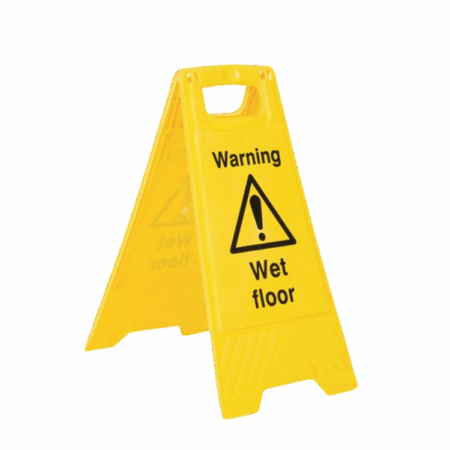 Warning Wet Floor Floor Stand-Yellow folding safety sign with “Warning Wet Floor” text and exclamation hazard symbol. Lightweight plastic floor stand ideal for cleaning zones and public safety compliance in UK.
