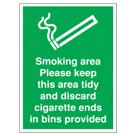 Smoking Area Please Keep This Area Tidy and Discard Cigarette Ends in Bins Provided Sign – UK safety signage
